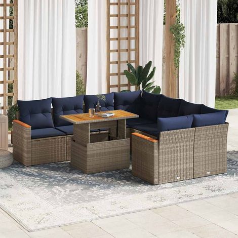 Canapé d'Extérieur 9 pièces en Résine Tressée Gris avec Coussins Bleu Marine - Salon de Jardin Complet avec Fonction Rangement (1/5)