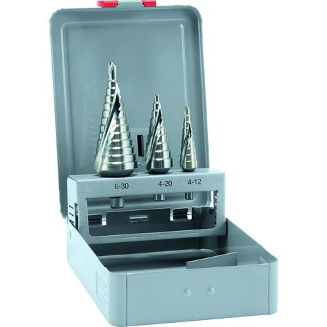 alpen, 72200003100, HSS trapano passo, misura 1, 2, 3, 4-30 mm di diametro come set 3 pezzi in cassetta di metallo (1/4)