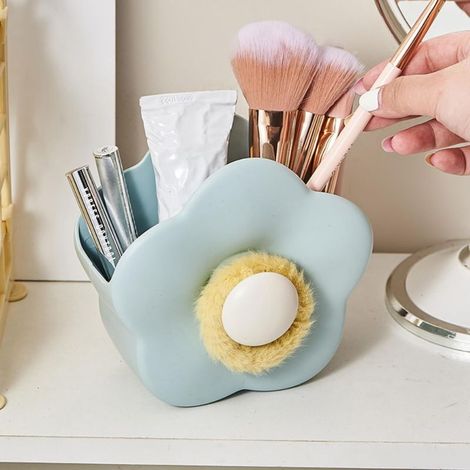 Boîte de rangement pour pinceaux de maquillage en forme de fleur - Support de rangement multifonctionnel (13,9 cm x 13,5 cm x 8 cm) Bleu (1/5)