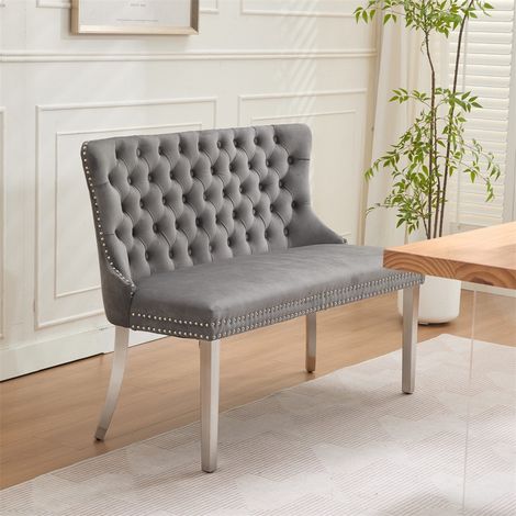 Banc de Salle à Manger 2 Places - Banquette Loveseat en Velours Capitonné à Boutons, Pieds Inox Argent Brossé - Gris Moderne (1/5)