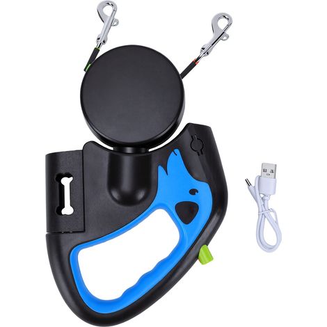 Laisse rétractable double chien chargement USB, tracteur télescopique 360° sans emmêlement avec lumière, bleu 3m (1/5)
