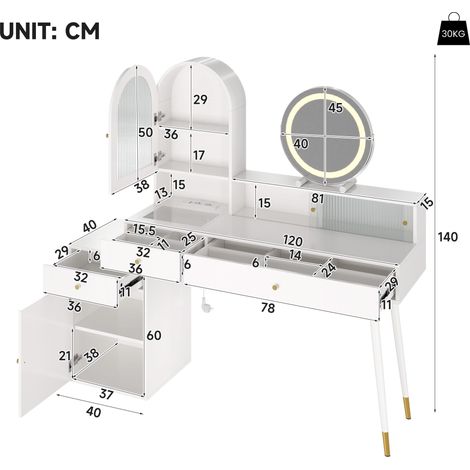 Coiffeuse avec miroir LED, ports USB-C et USB, et deux prises électriques design flexible en L avec plateau en verre blanche. 140 cm (réglable) x 40 cm x 140 cm (1/5)