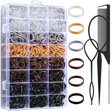 Lot de 2200 élastiques mini pour cheveux de 6 tons naturels, liens élastiques avec outils à passer les élastiques et peigne à queue fine, accessoires capillaires dans boîte de rangement pour tous âges (1/5)
