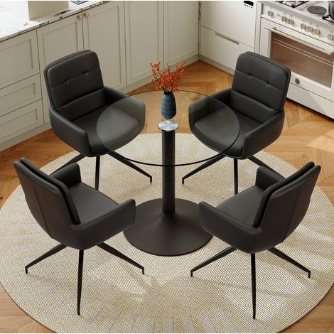 Conjunto de comedor de vidrio templado y metal negro, 4 plazas con 4 sillas giratorias 360° de PU, estilo elegante (1/5)