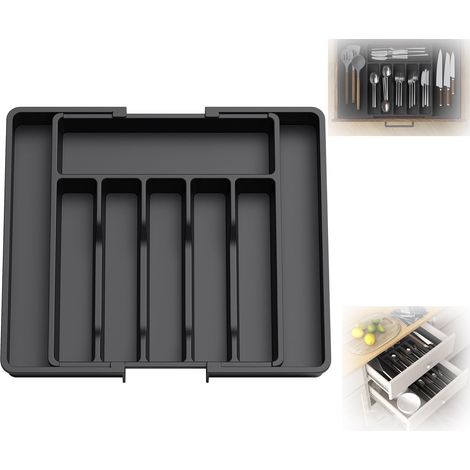 Posate, vassoio portautensili estensibile per cassetto, organizer regolabile per cassetti da cucina, contenitore compatto in plastica per cucchiai e forchette, nero