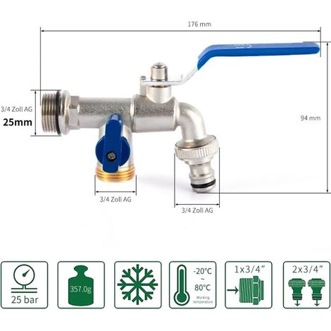 Robinet de jardin extérieur (entrée d'eau DN20), antigel, double commande, en cuivre, pour lave-linge et évier de jardin 1/2 (1/4)