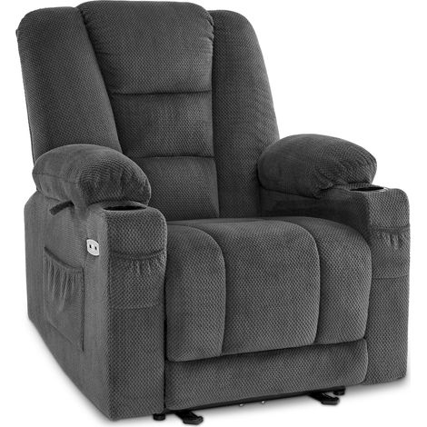 M MCombo Fernsehsessel elektrisch verstellbar, Relaxsessel mit Liegefunktion, TV Sessel mit Massage & Wärmefunktion, USB & Getränkehalter, Wohnzimmer, Stoff, 7008 (Dunkelgrau-Stoff)