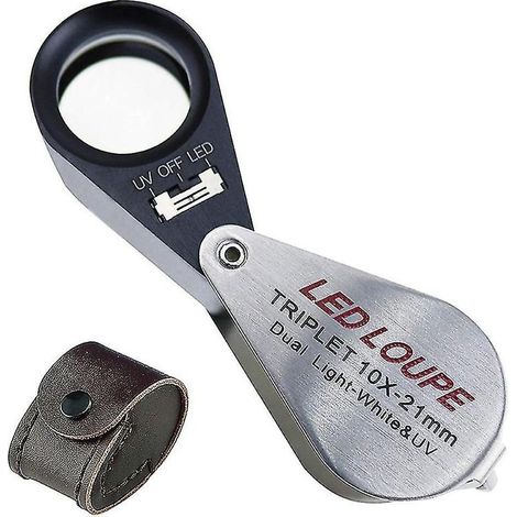 Loupe de bijoutier à grossissement 10x Loupe à triple lentille avec 6 lumières UV LED 21 mm pour pierres précieuses, bijoux (1/3)