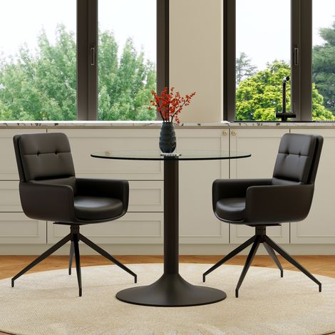 Ensemble repas table ronde verre trempé design haut de gamme et minimaliste, pied central noir, avec 2 fauteuils noirs pivotants 360° en similicuir PU. (1/5)