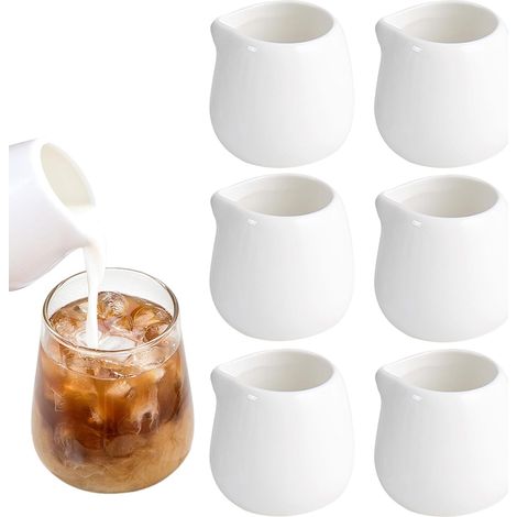 Lot de 6 mini-pots à lait en céramique blanche de 50 ml, adaptés au lait, au café, aux sauces et à la crème. (1/5)