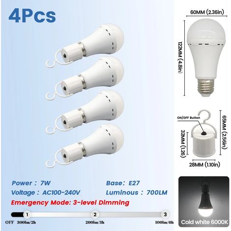 (4 ampoules, 7W) Ampoules LED rechargeables, E27, 1500mAh, pour une utilisation d'urgence, adaptées aux pannes de courant et au camping en plein air. (1/5)