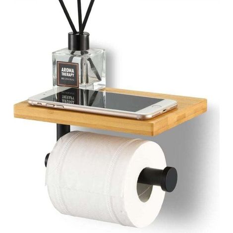Porte Papier Toilette avec Etagère Bambou Salle de Bain Porte Rouleau en Acier Inoxydable SUS304 Support Mural Installation avec Vis ou 3M Auto-adhésif Noir (1/4)