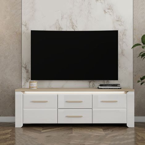 Fernsehtisch Aramo, 2 Schubladen, 1 Regal, 2 Türen, 154x40x50h cm Weiß Matt (1/5)