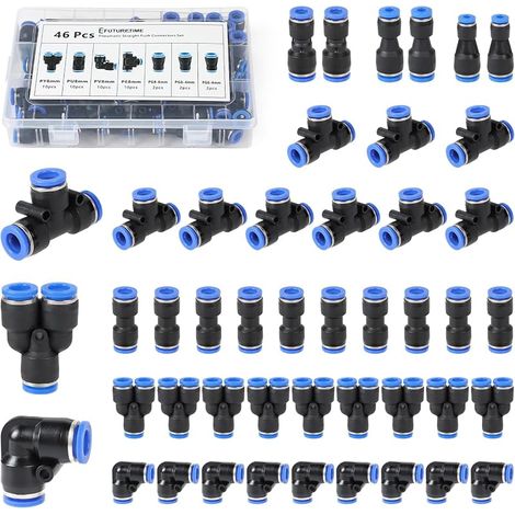 46 Pièces Raccord Rapide Pneumatique 8mm Connecteur de Tuyau d'Air, avec 10 Raccords Droits, 10 à Angle, 10 en Y, 10 en T et 6 Réducteurs Chacun (2 pièces de Chaque: 4-6, 4-8 et 6-8) (1/5)