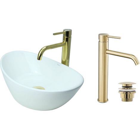 GTM Design Aufsatzwaschbecken 45 cm Glanz Set mit Waschtischbatterie und Stopfen - Aufsatzwaschbecken Oval für Badezimmer - Modern Waschbecken ohne Hahnloch - Waschbecken mit Armature (1/5)
