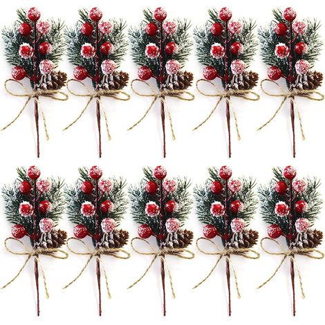 Branches De Pin Artificielles - Avec Pommes De Pin Rouges - Pour Décor De Noël, Couronnes Et Centrepieces - 10 Pièces (1/5)