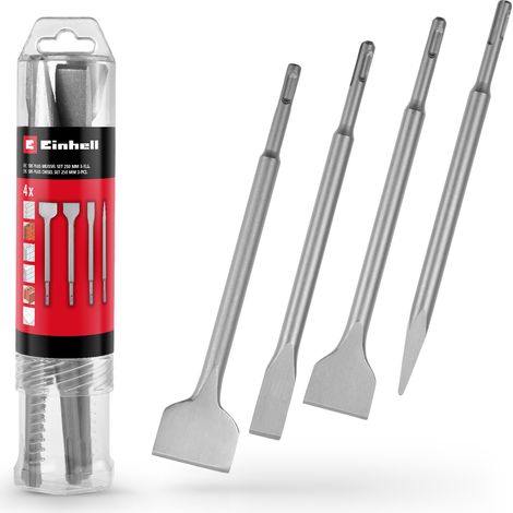 Original Einhell Set de 4 burins SDS Plus, 250 mm (burin pointu, burin plat 20 mm, burin de bêche 40 mm, burin à carrelage 50 mm, acier 40Cr durable pour les travaux de démolition et de rénovation)