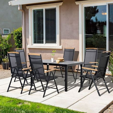 Salon de jardin 1 pièce table et 6 chaises structure pliante aluminium maille noire (1/5)