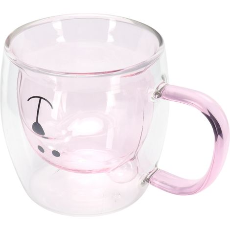 Mug en Verre Ours 250ml Double Paroi pour Café, Thé ou Lait - Rose pour Maison (1/5)