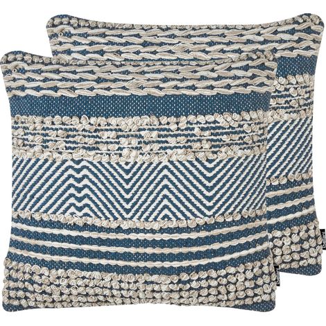 Dekokissen 2er Set Beige und Blau 45 x 45 cm Baumwolle Quadratisch mit Reißverschluss Geometrisches Muster Handgewebt Zierkissen Boho