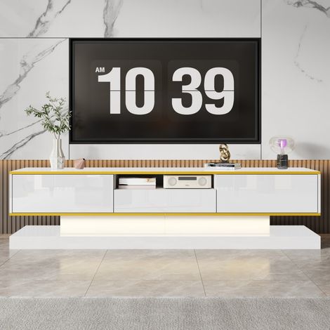 Niedriger TV-Schrank 180 x 38 x 45 cm – modernes Design, weiß lackiert, mit mehrfarbigen LEDs und goldenen Details – Weiß und Gold (1/5)