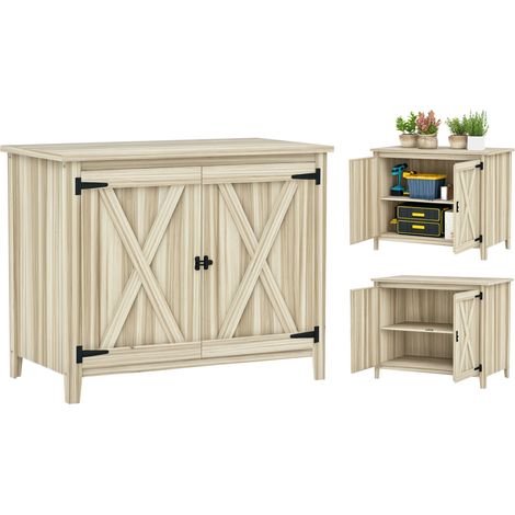 Gartenschrank aus Massivholz, 110 x 60 x 88,5 cm, Aufbewahrungsmöglichkeit für den Außenbereich mit Regalböden und Doppeltüren, Terrassenmöbel aus Naturholz, stabiler Schrank für Werkzeuge und Zubehör