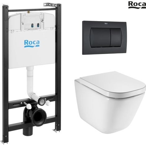 Pack bastidor ROCA duplo cisterna empotrada y pulsador PL10 negro mate + inodoro suspendido swiss blanco br soft-close