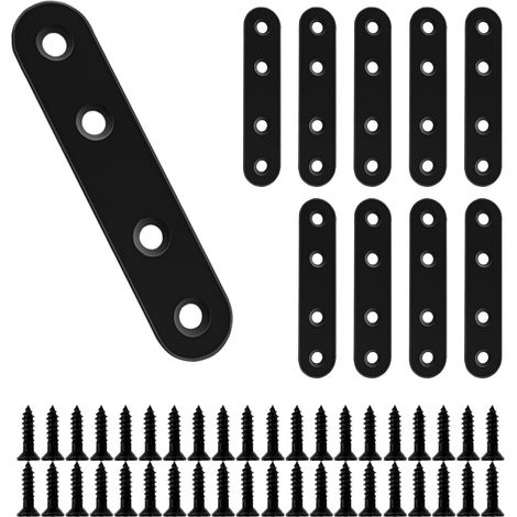 10 Équerres Plates Inox Noir 76x16mm, Supports renfort fixation meubles (1/5)