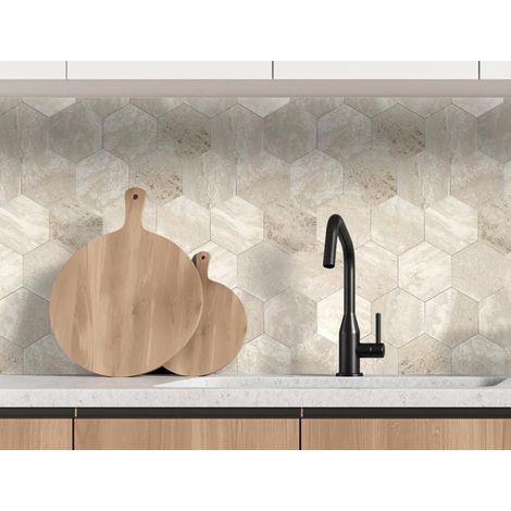 Lot de 12 Crédences Adhésives Rigides Hexagone Travertin 33 x 27,5 cm - 1,09 m² - Livraison gratuite