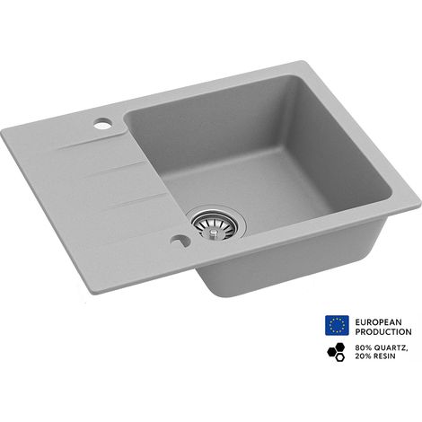 Evier rectangulaire RIVE GRIS en granit premium - 1 Bac avec égouttoir et vidage inclus (1/5)