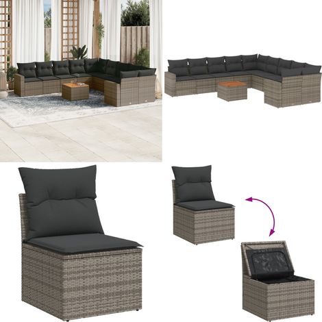 11-tlg. Garten-Sofagarnitur mit Kissen Grau Poly Rattan - Gartenmöbel Set - Lounge Möbel - Outdoor Möbel - Rattan Gartenset - Esstisch Set - Home & Living (1/5)