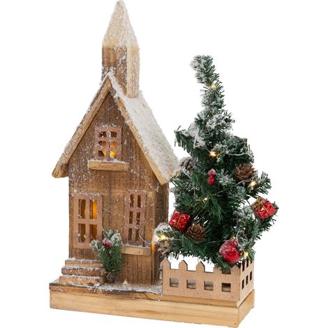 ECD Germany Casa de Madera y Abeto Decorativo de Navidad de Interior Cubierta de Nieve con Iluminación LED Blanco Cálido Casita de Invierno 27x11x44 cm Funciona con Pilas Función de Temporizador