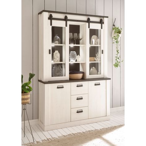 Buffetschrank inkl. Beleuchtung SHELTON-61 in Pinie weiß Nb. mit anthrazit, B/H/T: ca. 133/201/38 cm (1/5)