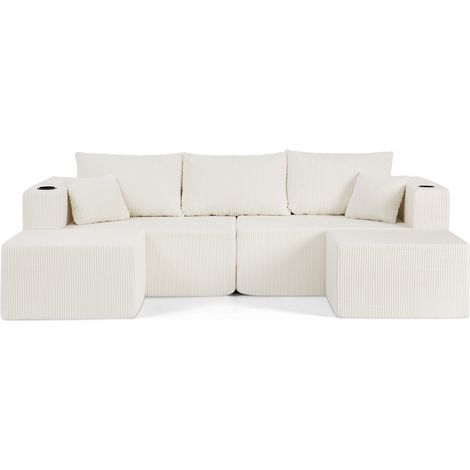 Canapé d’angle modulable 3 places 230x138x75 cm côtelé beige, avec 2 poufs mobiles - CHICFURN (1/5)