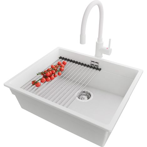 PRIMAGRAN Evier Cuisine en Granit 56x47cm, Lavabo 1 bac + Robinet 38x14cm + Kit de Vidage + Accessoire, Évier à Encastrer au meuble 60cm - Prague Slim, Blanc (1/5)