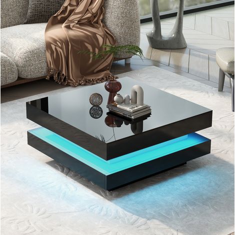 Mesa de centro cuadrada de tablero de partículas negro brillo 70 x 70 cm con LED Bluetooth (1/5)