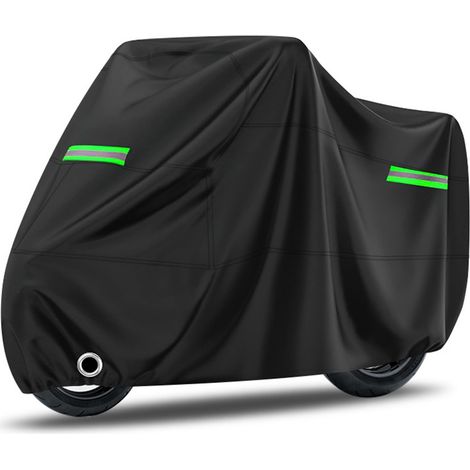 Funda para motocicleta fabricada en tafetán de poliéster 190T, impermeable, de cobertura total, con tira reflectante para protección solar, ideal para aparcamiento al aire libre, color verde, talla 3X (1/5)