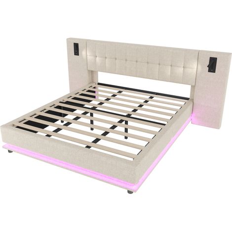 Cama capitoné 180 x 200 cm beige con tira LED, luz de lectura y puerto USB, sin colchón (1/5)