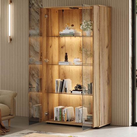Vitrine mit 2 Glastüren, 4 Ablagen und Verstellbarer LED-Beleuchtung, für Wohnzimmer, Spanplatte Natur, 80×36×150.5 cm (1/5)