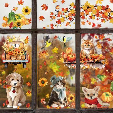 Decorazioni autunnali per finestre, 93 adesivi per finestre a tema autunnale con foglie d'acero, piccoli animali e zucche, decorazioni fai da te riutilizzabili per finestre per la festa del raccolto, 
