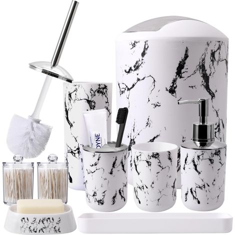 Ensemble d'accessoires de Salle de Bain en marbre Blanc avec Poubelle, Plateau de Coiffeuse, Distributeur de Savon, Vaisselle, Porte-Brosse à Dents, Tasse, Brosse WC et Supports Qtip (1/5)