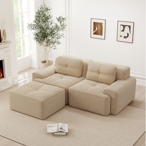 Sofá modular en L beige de pana con asiento profundo 74 cm y otomana (1/5)