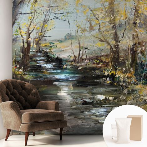 Tapete Vliestapete mit Kleber modern - Wanddeko für Küche - Klebefolie Wand - luxus Look Waldbach 250x250 cm (1/5)