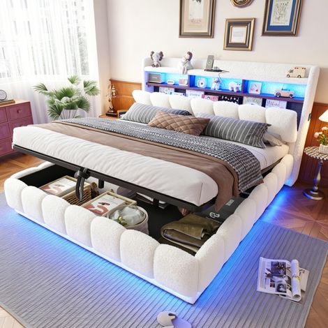 Lit double coffre 180x200 cm, ouverture hydraulique Lit rembourré avec tête de lit à rangements, LED, USB et prises, sommier métal, tissu, blanc (1/5)