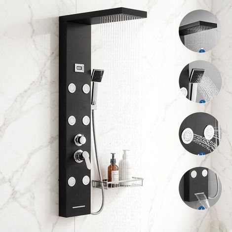 Duschpaneel, Auralum Duschpaneel Schwarz mit Armatur 4 Wasserausgabemodi, Duschsäule mit Regendusche, Massagedusche, Handbrause und Wanneneinlauf, Duschsystem aus Edelstahl mit LCD Temperaturanzeige (1/5)