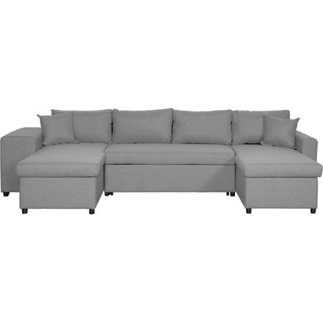 Canapé d'angle panoramique OSLO convertible avec coffres et poufs à gauche en tissu - Gris clair (1/5)