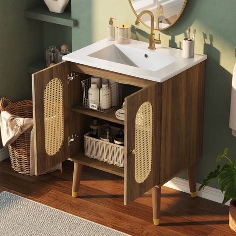 Meuble vasque salle de bain sur pied 61 cm, armoire avec portes en cannage ajouré, étagères intégrées et grand compartiment de stockage sous lavabo céramique (mitigeur exclu). (1/5)