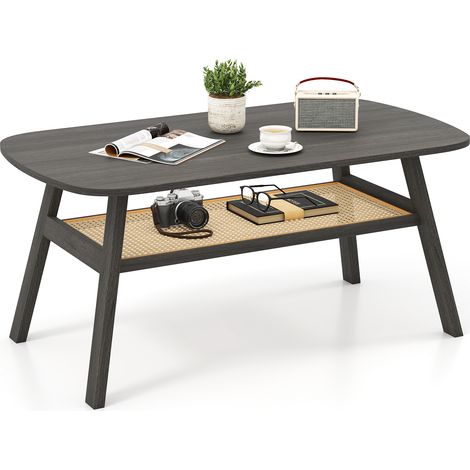 COSTWAY 2-Tier Coffee Table Rectangular Center Table w/Storage Shelf-Black (1/5)