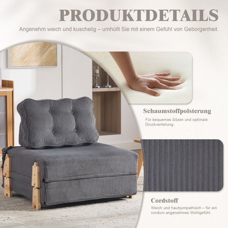 Ein bequemer Sessel im modernen skandinavischen Stil aus Cord – ein ausklappbares Schlafsofa ein klappbares Einzelsofa mit Holzbeinen, ideal für kleine Wohnungen und Schlafzimmer(Grauer Cord) (1/5)