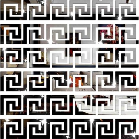 30 Stück geometrische griechische Schlüssel-Spiegel-Wandaufkleber zum Selbermachen, Acryl-Spiegelfliesen-Wandaufkleber für Wohnzimmer- und Schlafzimmerdekoration (Schwarz)